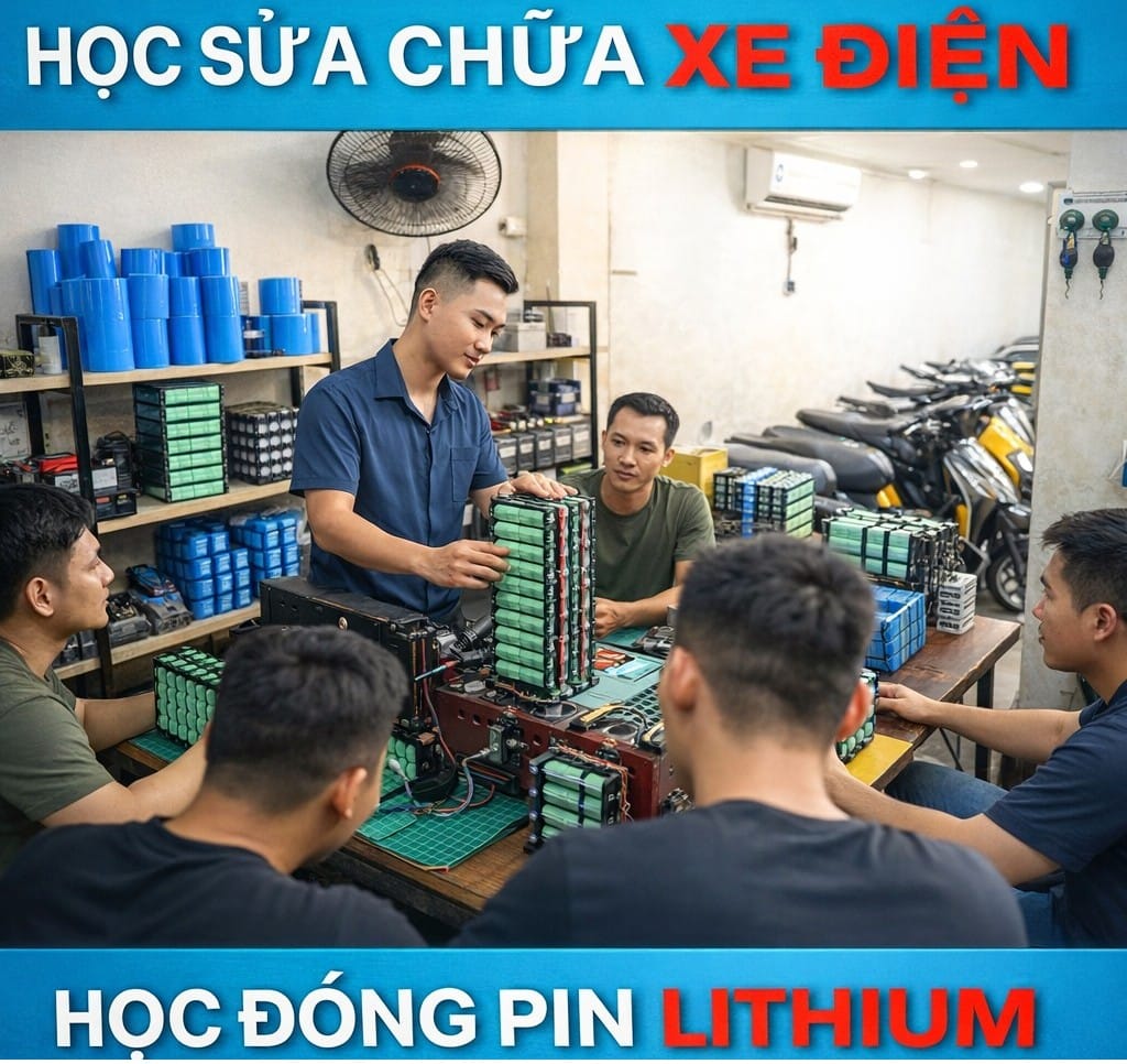 Lớp học đóng pin Lithium cho xe điện, học viên quan sát cách ghép cell pin