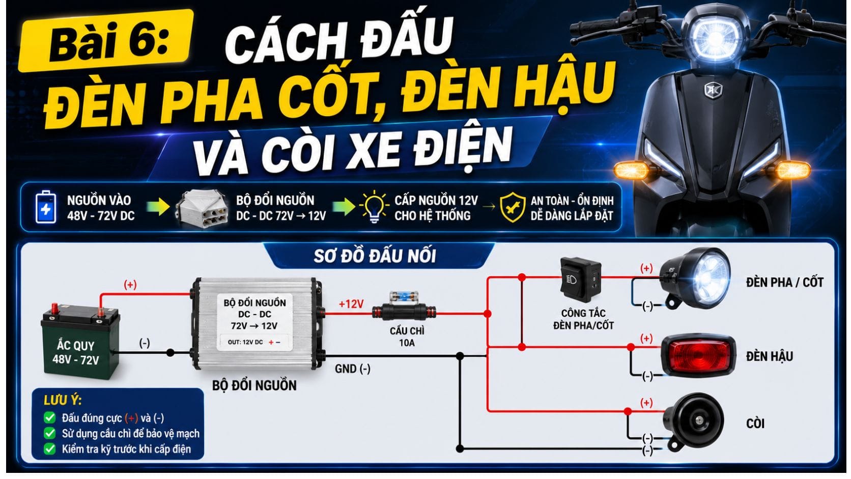 Bài 6: Cách Đấu Đèn Pha Cốt, Đèn Hậu Và Còi Xe Điện